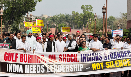 INDIA bloc MPs accuse Centre of ‘silence’ on West Asia conflict, protest in Parliament complex (Lead)