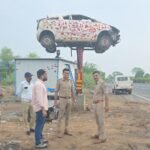 Gujarat: Damaged car displayed on NH-48 to warn motorists against unsafe driving