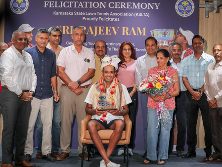 KSLTA felicitates tennis legend Rajeev Ram in Bengaluru